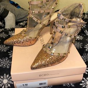 BCBGeneration Rose Gold pointed glitter toe stud heels